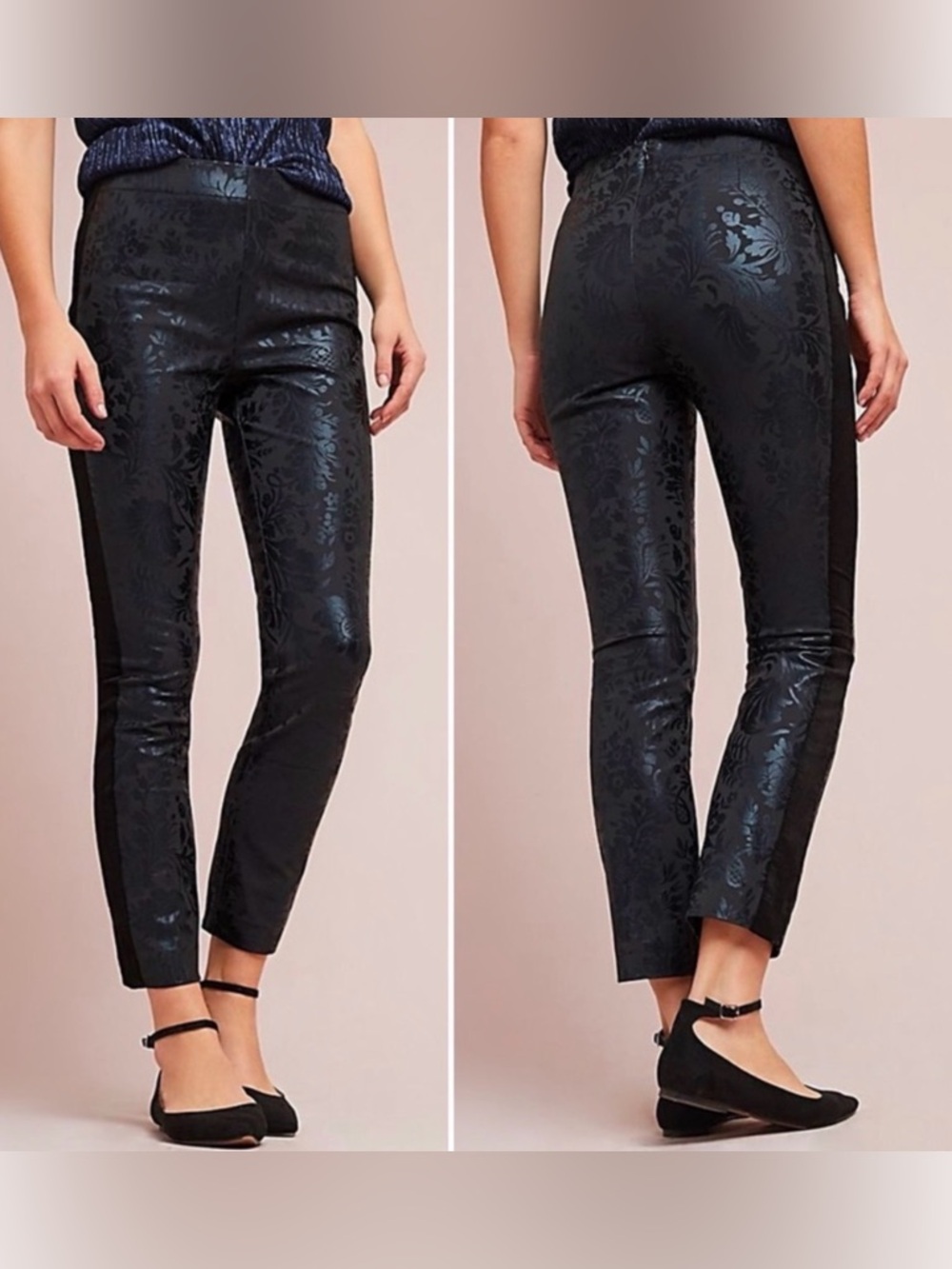 ANTHROPOLOGIE Essential Skinny Tuxedo Pant Black Floral Foil Jacquard Print